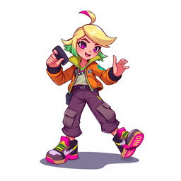 A stylized 2D platform game character, featuring a girl with vibrant, colorful attire