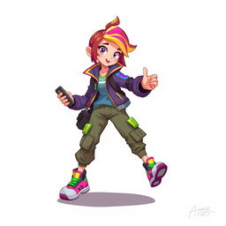 A stylized 2D platform game character, featuring a girl with vibrant, colorful attire