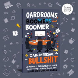 A striking book cover design for "Boardrooms, Boomers and Bullshit: A Millennial Executive’s Guide to Suffering Corporate America"