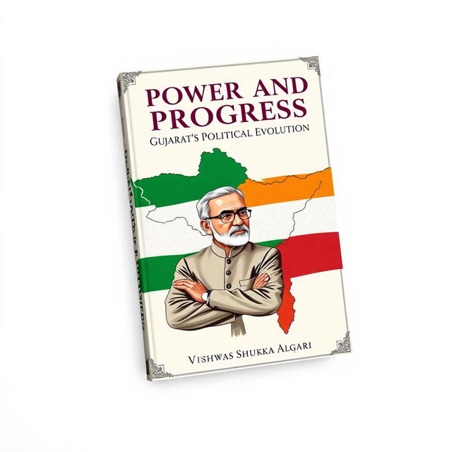 A detailed book cover design showcasing the elements of political growth and evolution in Gujarat