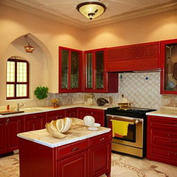 Design a cost-efficient, 1600 square foot Arabian Mandi, with nearly 30% of the space allocated to the kitchen area, incorporating traditional Middle Eastern architectural influences.