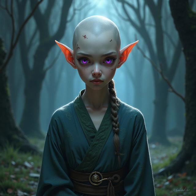 A Dungeons & Dragons character portrayal featuring a female Pallid Elf monk