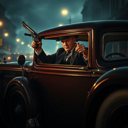 A cinematic movie poster depicting a classic gangster scene