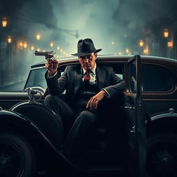 A cinematic movie poster depicting a classic gangster scene