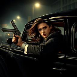 A stylish movie poster featuring a young adult gangster inside an elegant vintage car, styled in the fashion of the 1920s