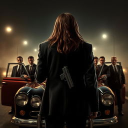 A dramatic movie poster featuring a young adult gangster with long hair, depicted from behind, standing outside a meticulously detailed vintage car