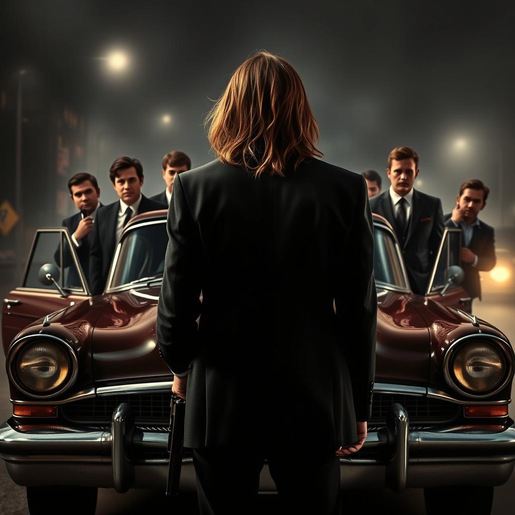 A dramatic movie poster featuring a young adult gangster with long hair, depicted from behind, standing outside a meticulously detailed vintage car