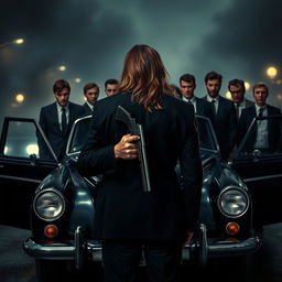 A dramatic movie poster featuring a young adult gangster with long hair, depicted from behind, standing outside a meticulously detailed vintage car