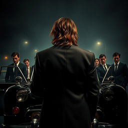 A dramatic movie poster featuring a young adult gangster with long hair, depicted from behind, standing outside a meticulously detailed vintage car