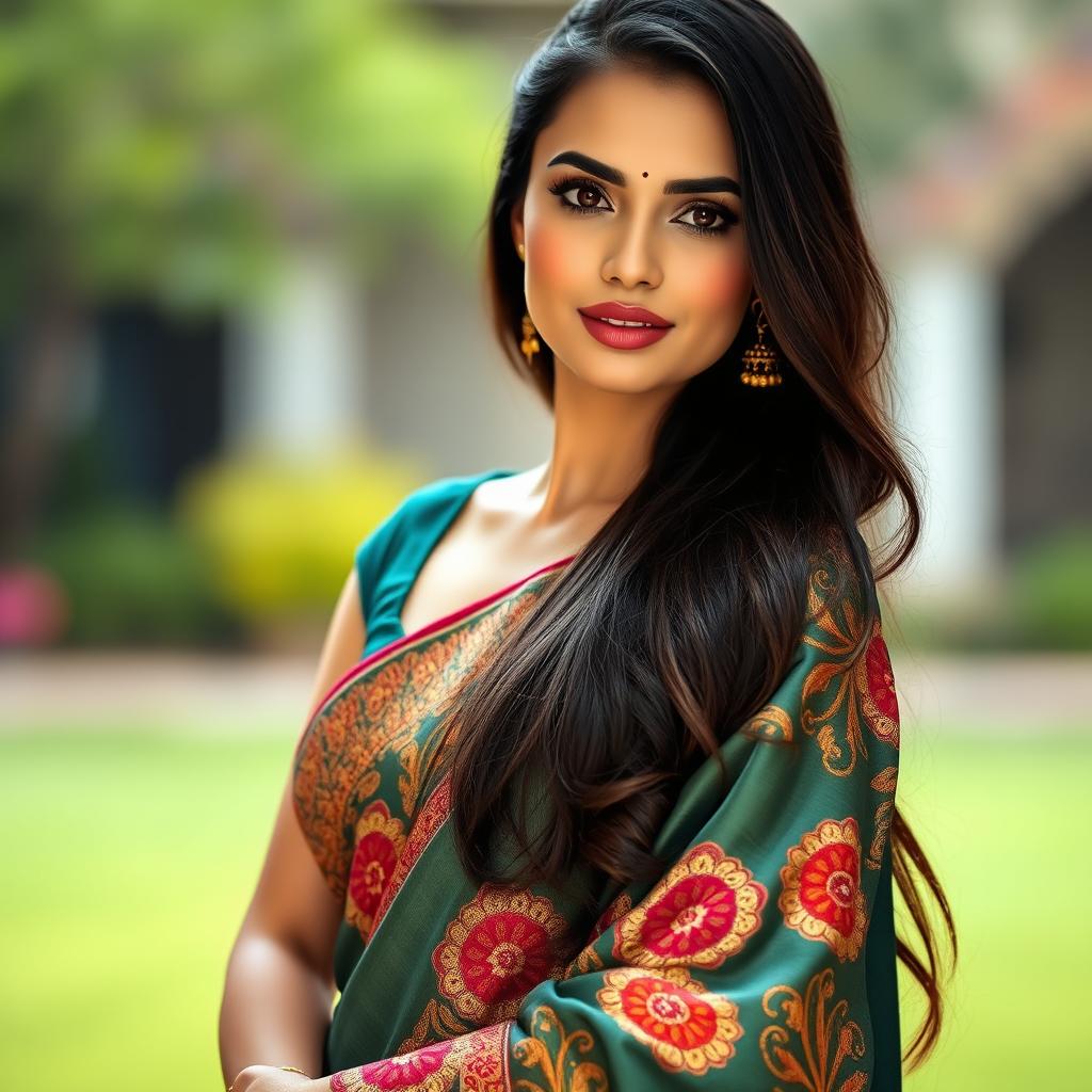 A stunning and elegant woman wearing a traditional saree, showcasing her grace and beauty