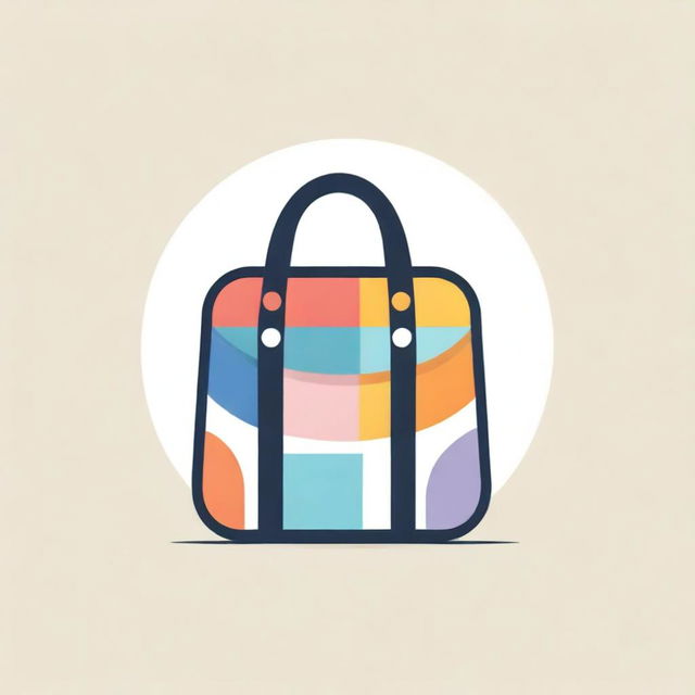 Design a logo featuring a stylish bag with multiple smaller bag motifs around it, set against a vibrantly multicolored background