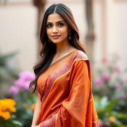 A stunning and elegant woman wearing a traditional saree, showcasing her grace and beauty