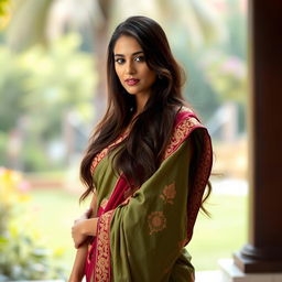 A stunning and elegant woman wearing a traditional saree, showcasing her grace and beauty