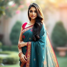 A stunning and elegant woman wearing a traditional saree, showcasing her grace and beauty