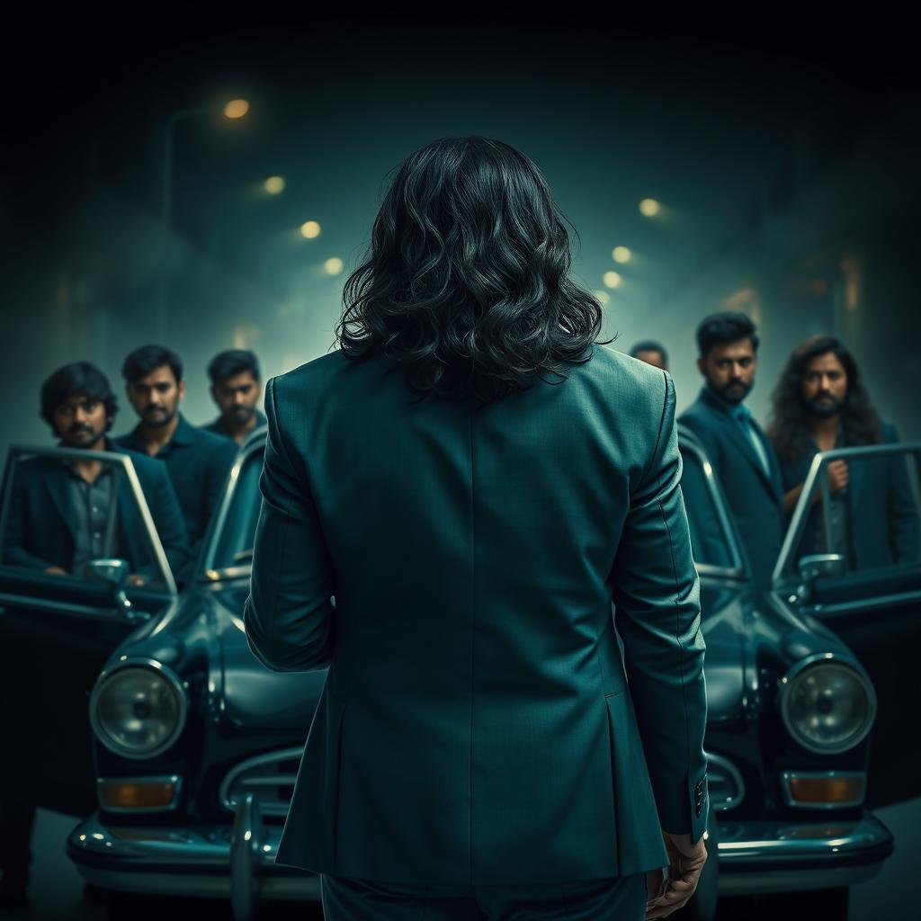 A captivating movie poster featuring a young adult Indian gangster with long hair, shown from behind, standing outside a stylish vintage car