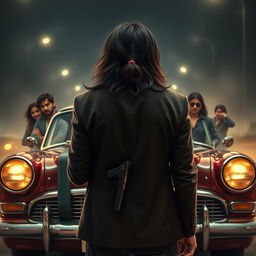 A captivating movie poster featuring a young adult Indian gangster with long hair, shown from behind, standing outside a stylish vintage car