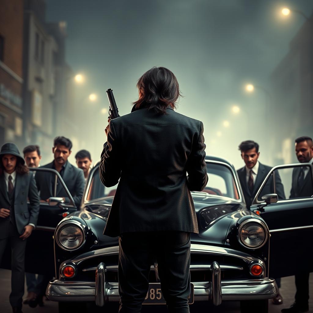 A captivating movie poster featuring a young adult Indian gangster with long hair, shown from behind, standing outside a stylish vintage car