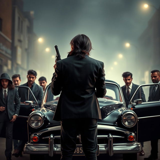 A captivating movie poster featuring a young adult Indian gangster with long hair, shown from behind, standing outside a stylish vintage car