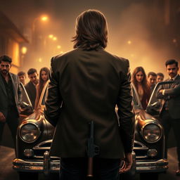 A captivating movie poster featuring a young adult Indian gangster with long hair, shown from behind, standing outside a stylish vintage car