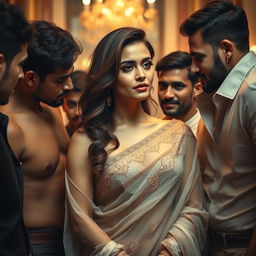 A captivating woman draped in a delicate, sheer saree, exuding confidence and allure