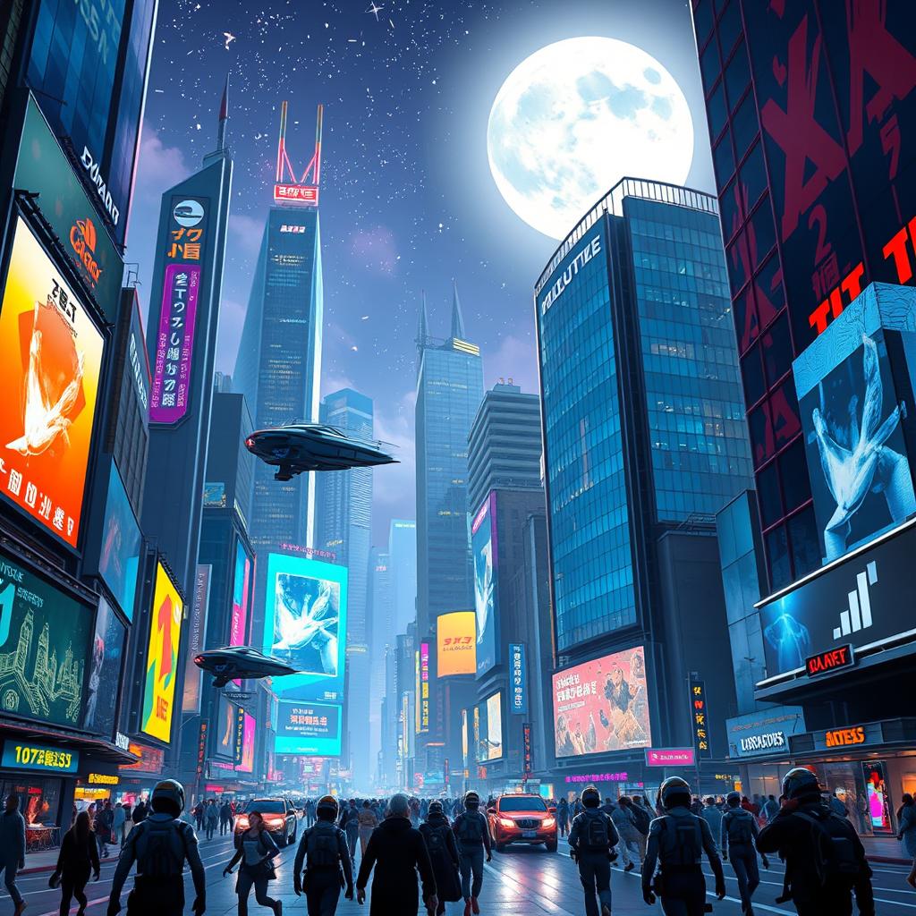 A bustling futuristic cityscape with towering skyscrapers, neon signs, and flying cars zipping between buildings