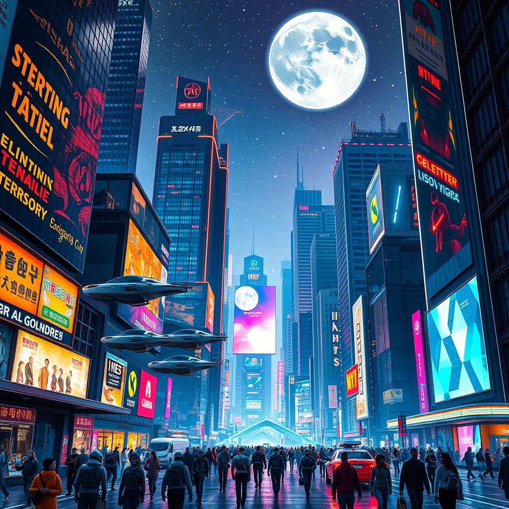 A bustling futuristic cityscape with towering skyscrapers, neon signs, and flying cars zipping between buildings