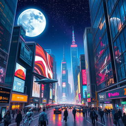 A bustling futuristic cityscape with towering skyscrapers, neon signs, and flying cars zipping between buildings