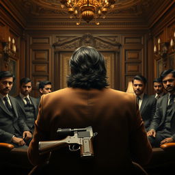 A striking movie poster depicting a young adult Indian gangster with long hair, viewed from the back, seated inside an opulent office