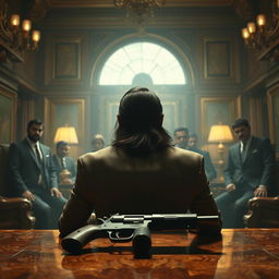 A striking movie poster depicting a young adult Indian gangster with long hair, viewed from the back, seated inside an opulent office