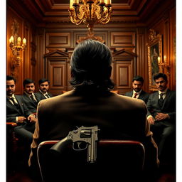 A striking movie poster depicting a young adult Indian gangster with long hair, viewed from the back, seated inside an opulent office