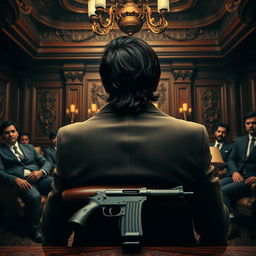 A striking movie poster depicting a young adult Indian gangster with long hair, viewed from the back, seated inside an opulent office