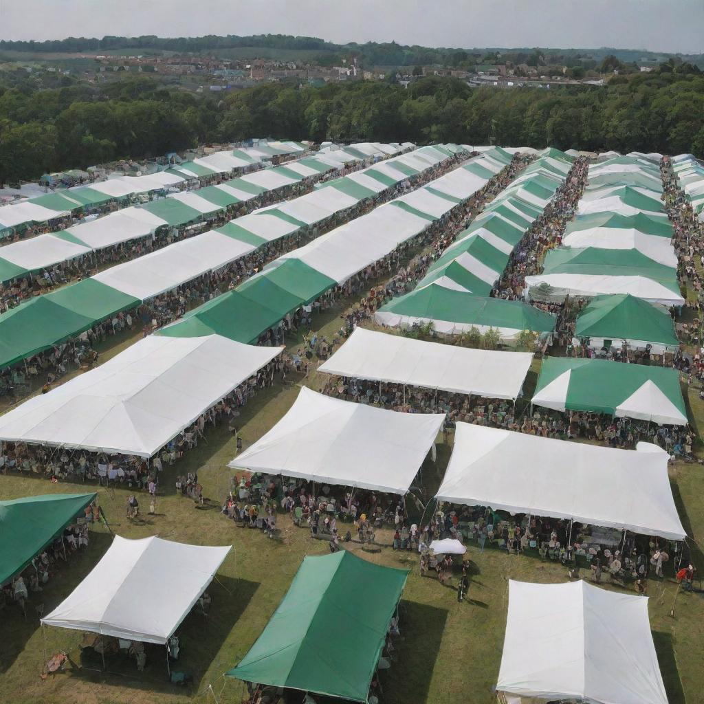 A festive scene filled with many green and white tents, resembling a bustling festival. People are jovially milling around, adding to the lively atmosphere.