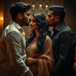 A romantic and sensuous scene featuring an attractive Indian woman in a sheer, elegant saree, showcasing a blend of beauty and allure