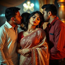 A romantic and sensuous scene featuring an attractive Indian woman in a sheer, elegant saree, showcasing a blend of beauty and allure