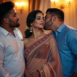 A romantic and sensuous scene featuring an attractive Indian woman in a sheer, elegant saree, showcasing a blend of beauty and allure