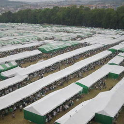 A festive scene filled with many green and white tents, resembling a bustling festival. People are jovially milling around, adding to the lively atmosphere.