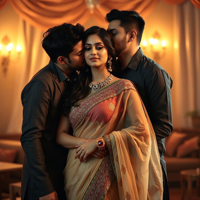 A romantic and sensuous scene featuring an attractive Indian woman in a sheer, elegant saree, showcasing a blend of beauty and allure