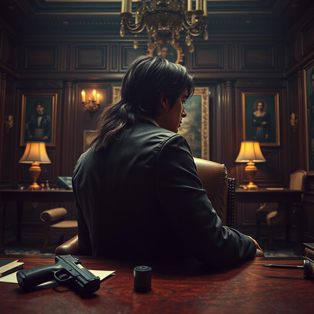 A striking movie poster depicting a young adult Indian gangster with long hair, viewed from the side, seated inside an opulent office