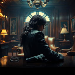 A striking movie poster depicting a young adult Indian gangster with long hair, viewed from the side, seated inside an opulent office