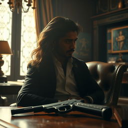 A striking movie poster depicting a young adult Indian gangster with long hair, viewed from the side, seated inside an opulent office