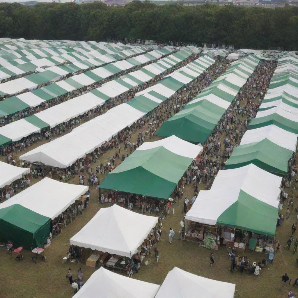 A festive scene filled with many green and white tents, resembling a bustling festival. People are jovially milling around, adding to the lively atmosphere.