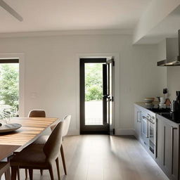 A spacious, well-lit living room with two doors leading to separate rooms, adjacent to an open-concept, modern kitchen.