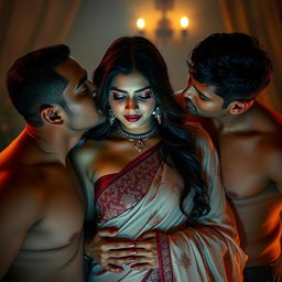 A sensuous and intense scene featuring an attractive Indian woman in a sheer, elegant saree, portrayed with a mix of beauty and allure