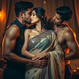 A sensuous and intense scene featuring an attractive Indian woman in a sheer, elegant saree, portrayed with a mix of beauty and allure