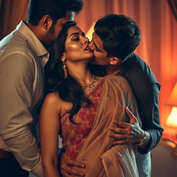 A sensuous and intense scene featuring an attractive Indian woman in a sheer, elegant saree, portrayed with a mix of beauty and allure