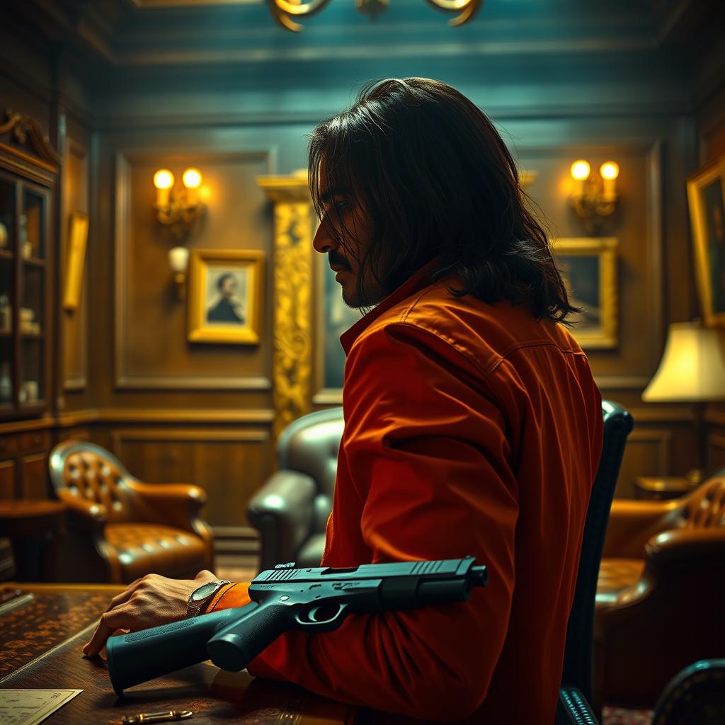 An atmospheric movie poster featuring a young adult Indian gangster with long hair, depicted from the side within a lavish office setting