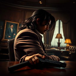 An atmospheric movie poster featuring a young adult Indian gangster with long hair, depicted from the side within a lavish office setting