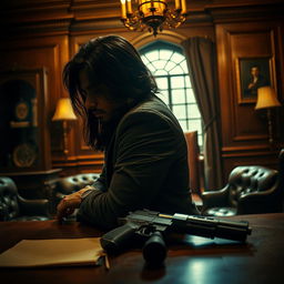 An atmospheric movie poster featuring a young adult Indian gangster with long hair, depicted from the side within a lavish office setting