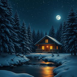 A tranquil night scene featuring a cozy log cabin in the heart of a snowy forest