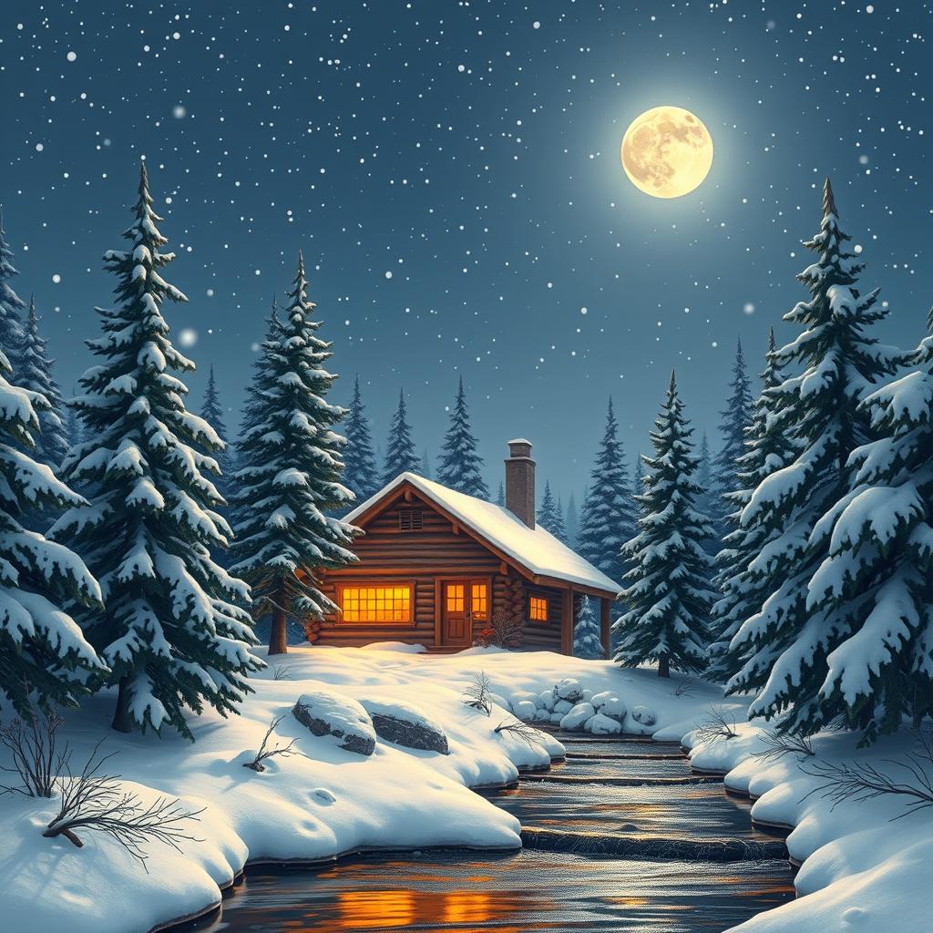 A tranquil night scene featuring a cozy log cabin in the heart of a snowy forest